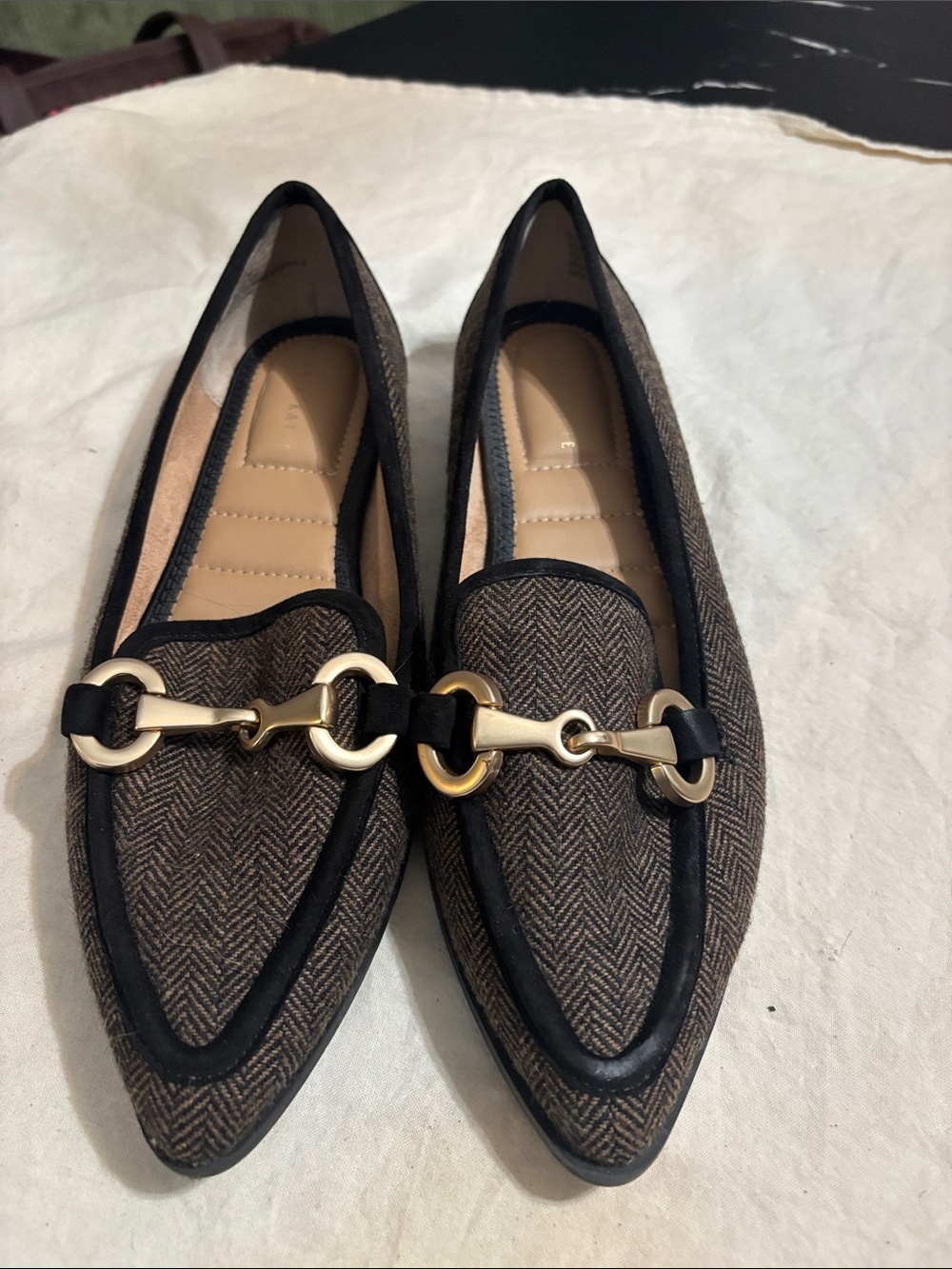 Kelly & Katie Brown Herringbone Pointed Loafers with Gold Bit